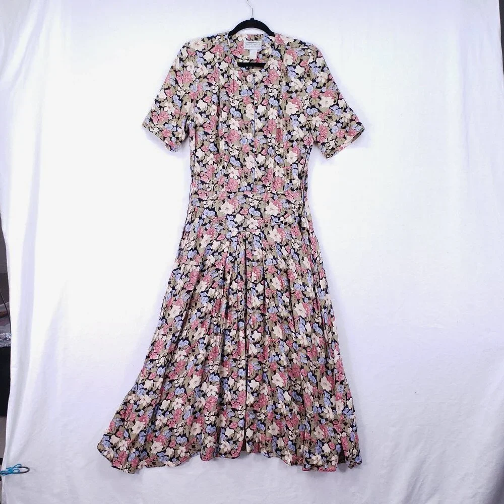 Vintage ED Michaels Melanie Drucker Floral Tea Midi A-line Cottagecore Dress - Picture 1 of 16